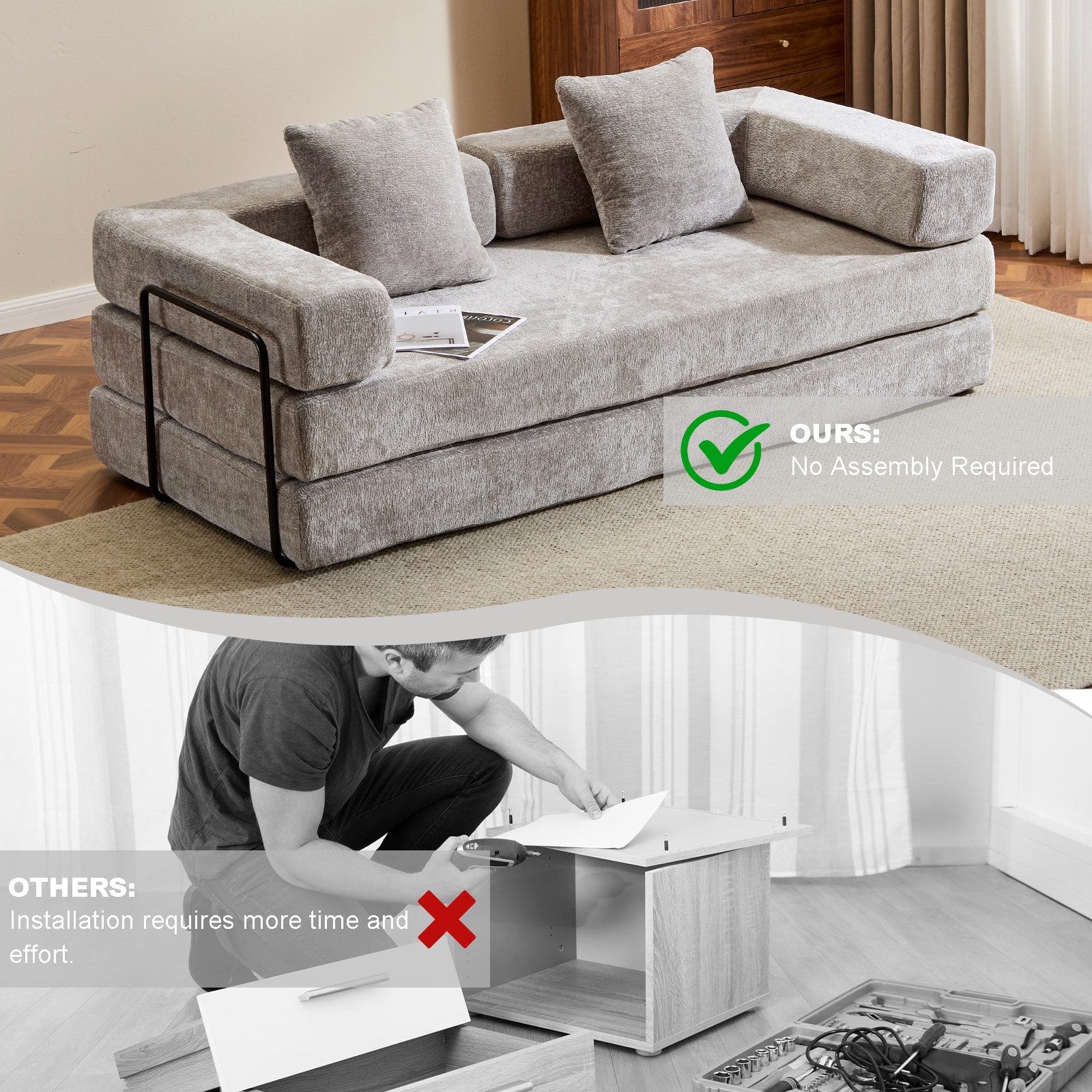 Floor Couch,Compression Sofa,Convertible Floor Sofa Bed-with Pillow Back Support Armrest,Comfy Futon Couch Lounge Sleeper Bed (Light-Grey)_voghion.com